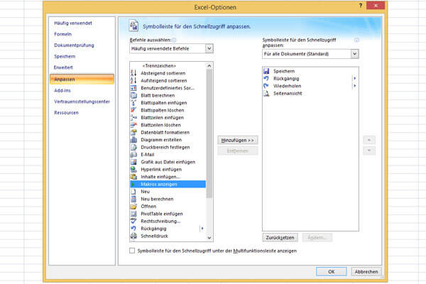 excel makros schnellzugriff