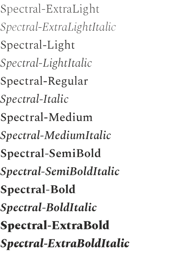 Alle Schriftschnitte der Schriftart Spectral
